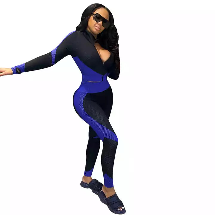 Two Piece Athletic Sports Gym Wear Leggings & Bra Zipper Top Long Sleeve Yoga Suit