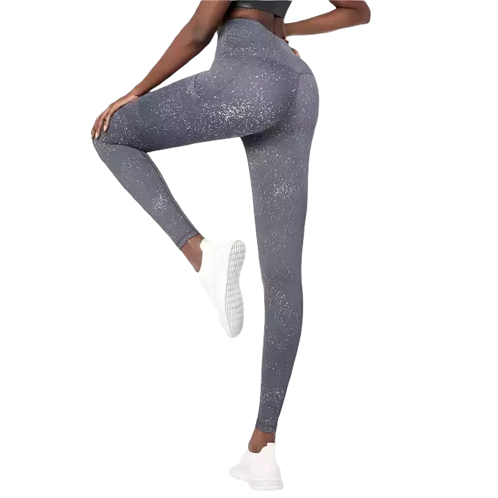 Womens Workout Fitness Light Weight Breathable Shine Reflective silver speckles High Waist Length Leggings with phone pocket