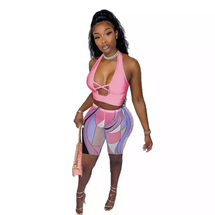 Sexy Women clothing Halter Criss-Cross Tank Crop Top and Biker Shorts 2 Pieces Set Slim Tracksuit